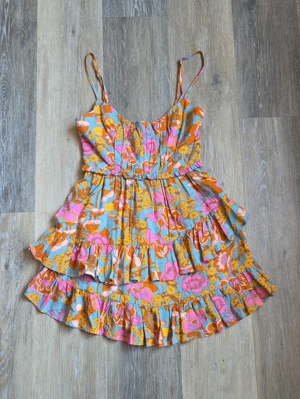 Secret+Saints Floral Tiered Mini Dress in Blue, Pink & Orange